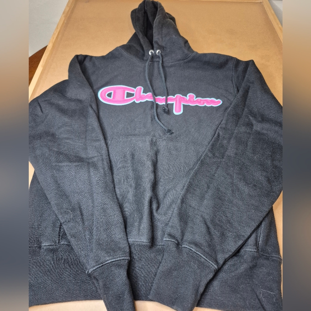 Champion Black Hoodie with Pink Logo